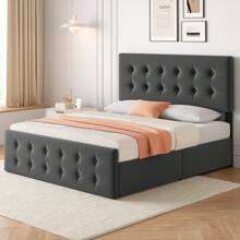 Queen Size Bed Frame With Headboard,Linen Upholstered Platform Bed Frame With 4 Storage Drawers,Button Tufted Style,No Box Spring Needed - Màu xám đen - Xem 8