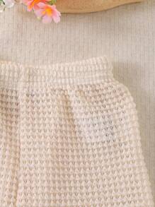2pcs Young Girl Cute Strawberry Hollow Out Knitted Vest & Breathable Solid Color Shorts Set