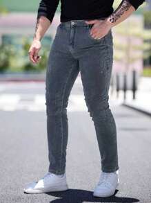 Slim Fit Stretch Distressed Cat Whisker Hem Jeans, Washed Denim Pants For Men - Grey - View 2