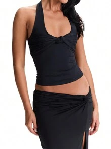 Womens Stylish Halter Neck Camisole Tops Summer Sleeveless Solid Hue Knot-Front Elegant Blouses Dressy Shirt Tops