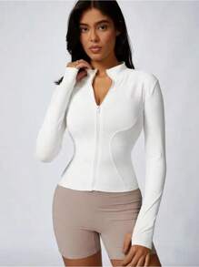 Women's Solid Color Zipper Turtleneck Sports Jacket, Long-Sleeved Sports Top, Gym Wear, Ladies' Sportswear For Indoor And Outdoo