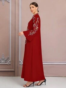 Retro Style Red 3D Embroidered Robe, Elegant Special Occasion Caftan, Dubai Cord Embroidered Plus Size Kaftan Abaya, In-Stock BC4624 (Customized) - Red - View 4
