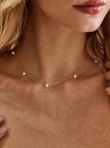 1pc Dainty Stainless Steel Multiple Faux Pearl Necklace 18K Gold-Plated Anti Fading Chain Layered Necklace For Women Romantic Holiday Wedding Jewelry Choker Daily Wear Accessories Bridesmaid, Valentine's Day, Mother's Day Gifts,Mom,Mother,Mother's Day,Gift