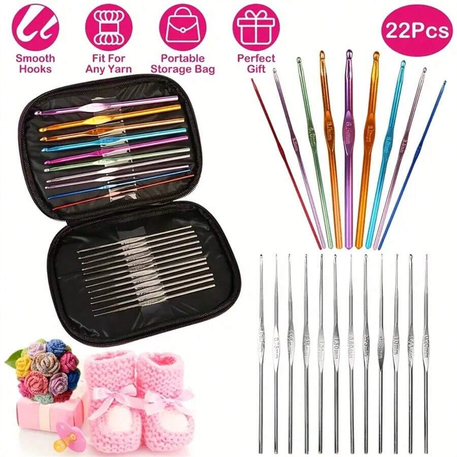 Crochet Kit 22 Colored Aluminum Needles + Case Ref:CL-55 - 彩色 - 查看 1