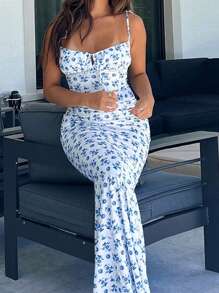 Women's Spaghetti Strap Dresses Drawstring Design Floral Print Slim Fit Long Bodycon Dresses Perfect For Summer Spring - Blue - View 6