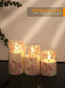 3 件/套樱花蜡烛灯带定时器遥控器，闪烁无焰蜡烛，带粉色樱花 LED 电池供电真蜡，3 件逼真灯芯柱状蜡烛带温暖火焰，适用于家庭、卧室、婚礼、订婚、圣诞节、万圣节、公司聚会