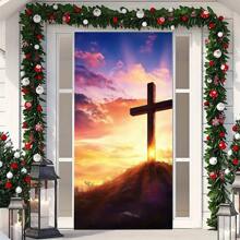 1pc Easter Celebration Hanging Banner, Polyester Religious Decorations With Cross And Holy Light Design, All-Purpose, Electricity-Free, Suitable For Home And Church, Party Decor