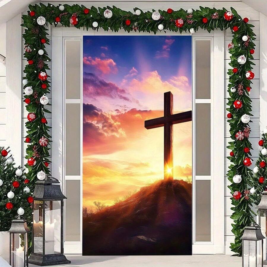 1pc Easter Celebration Hanging Banner, Polyester Religious Decorations With Cross And Holy Light Design, All-Purpose, Electricity-Free, Suitable For Home And Church, Party Decor