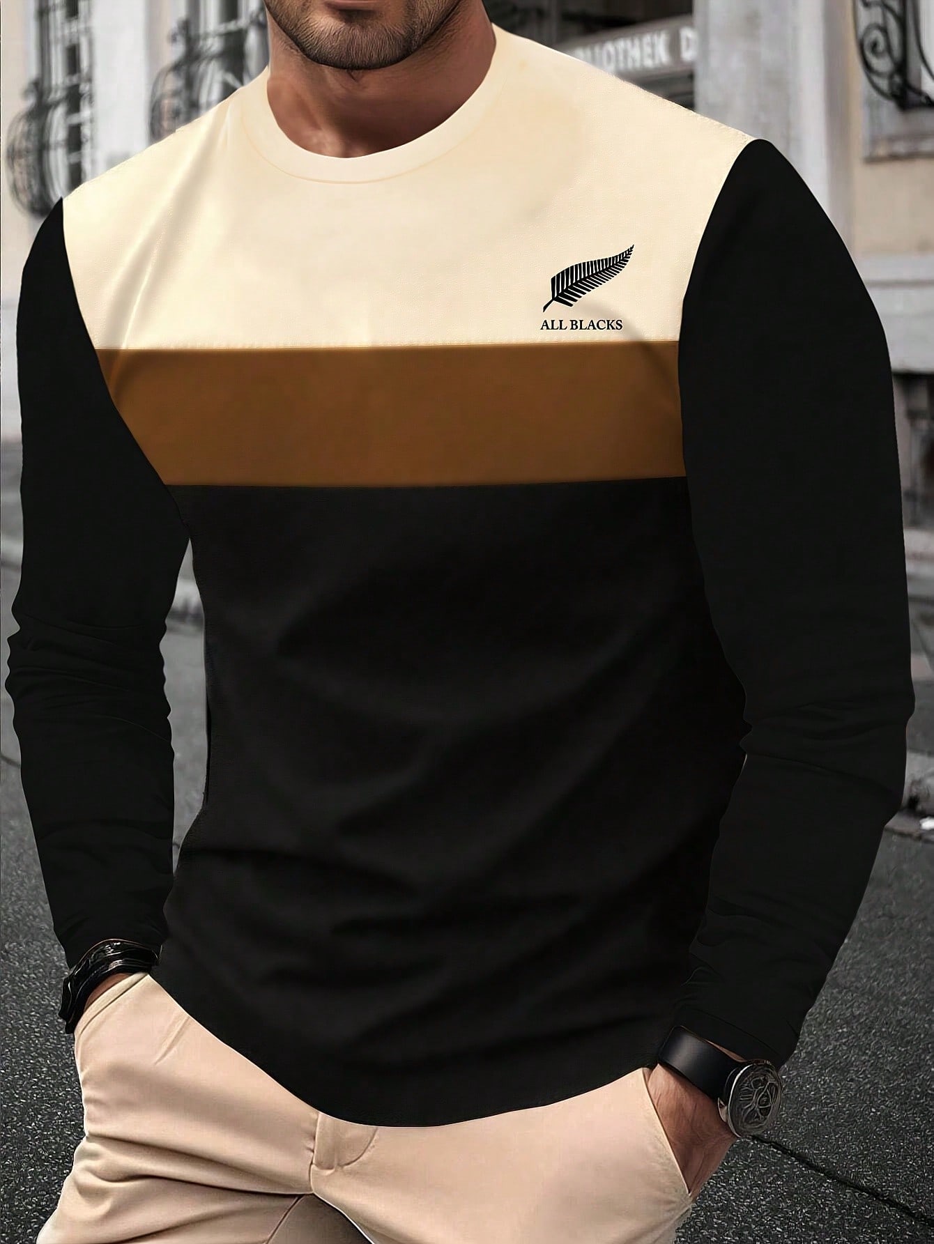 Men Casual Colorblock Round Neck Long Sleeve T-Shirt, Business Style, New Autumn Collection