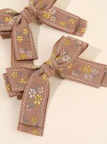 2个女孩刺绣发夹，花卉刺绣缎面鳄鱼夹，青少年发饰 - 咖啡棕 - 查看 6