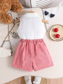女孩夏季休闲翻领无袖上衣和粉色牛仔蝴蝶结短裤套装 - 白色 - 查看 3