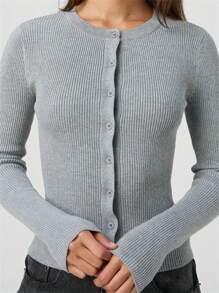 Women's Spring Sweater Cardigan Solid Color Long Sleeve Round Neck Button Up Ribbed Knitwear Casual Comfortable - Light Grey - View 4