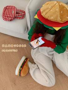 男士休闲可爱汉堡趣味设计毛绒保暖拖鞋，秋冬季室内家居拖鞋