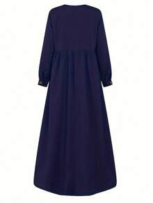 Ramadan Button Front Ruched Dress, Modest Puff Sleeve Maxi Dress, Women's Clothing - Blue - View 4