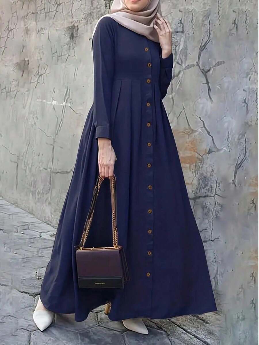 Ramadan Button Front Ruched Dress, Modest Puff Sleeve Maxi Dress, Women's Clothing - Blue - View 1