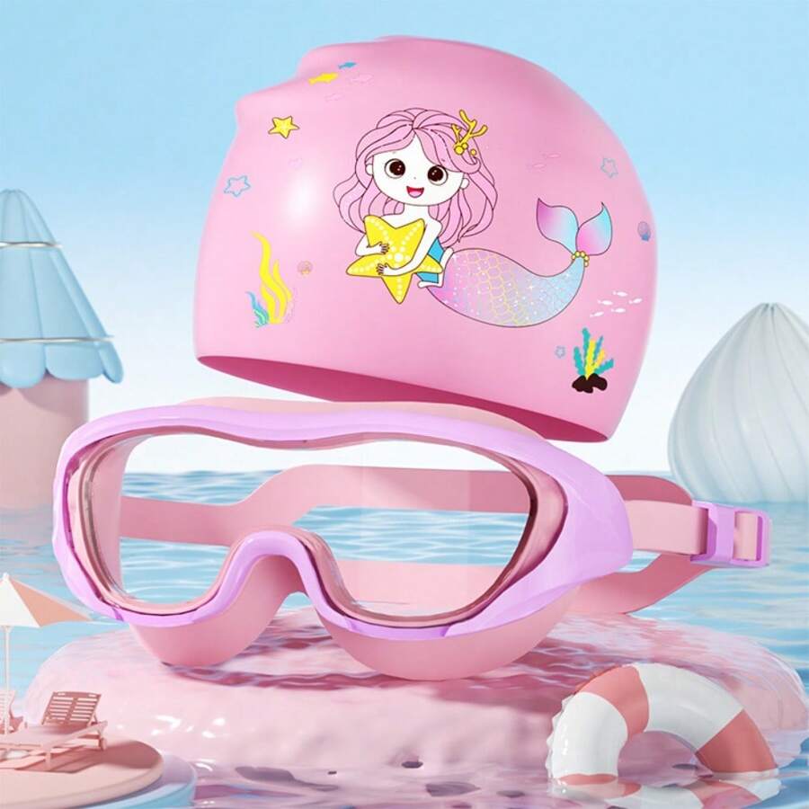 Children's Swimming Goggles Boys And Girls HD Waterproof Anti-Fog Large Frame Goggles Professional Diving Swimming Goggles Swimming Cap Set