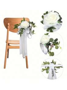 1pc/2pc/5pcs White/Yellow Rose Flower Decor Ribbon, Elegant Rose Floral With Greenery And Ribbon, Suitable For Wedding Aisle Decor, Wedding Reception Table & Chair Decor, Wedding Guest Chair Back Flowers, Birthday Party Decor, Wedding Photography Props