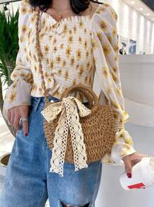 1 Peça Bolsa de Palha Trançada de Cor Sólida, Estilo Boêmio da Moda, Decorada com Fitas, Alças Redondas, Bolsa Feminina para Praia, Adequada para Viagens e Férias Casuais, Pode Ser Facilmente Combinada com Looks Simples, Também Adequada para Lazer e Compras ao Ar Livre, Ideal para Férias na Praia, e um Item Essencial para Férias. - Caqui - Visão 8