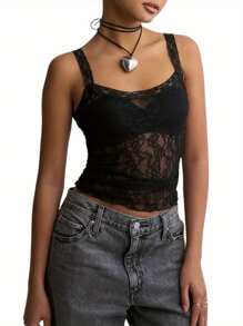 Women Y2K Camisoles Lace See-Through Casual Tank Tops Summer Sleeveless Tops Streetwear - 黑色 - 查看 1