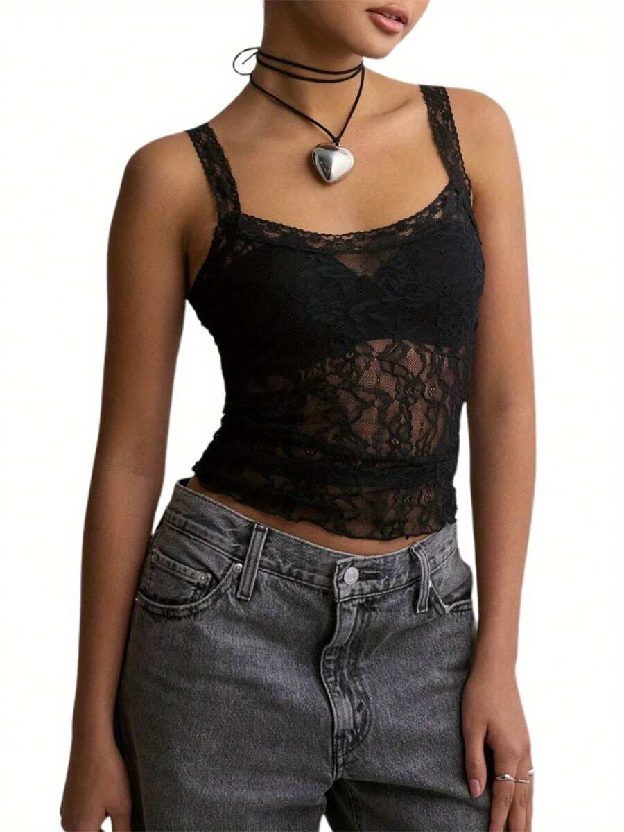 Women Y2K Camisoles Lace See-Through Casual Tank Tops Summer Sleeveless Tops Streetwear - 黑色 - 查看 1