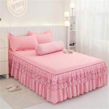 3pcs Bed Skirt Set (1pc Bed Skirt + 2pcs Pillow Cases, Without Pillow Insert), Solid Color Bed Skirt Non-Slip Bedding Set, Suitable For Bedroom And Guest Room, Machine Washable - Light Pink - View 5