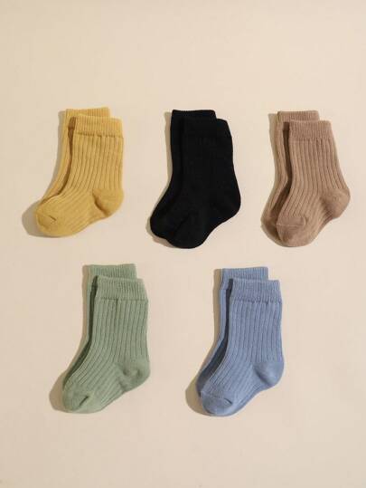 5 Pairs Baby Boy Solid Color Mid-Calf Socks