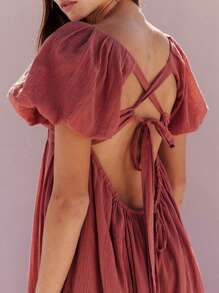 Women's Summer Babydoll Short Dresses Solid Color Short Puff Sleeve Square Neck Cross Tie Back Dress For Girls