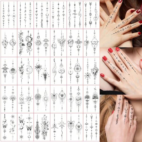 30 pièces de tatouages temporaires imperméables pour femmes - Designs mode papillon, lune et géométriques | Parfait pour les doigts et l'art corporel