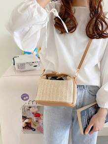Small Straw Fabric Crossbody Bag - Màu Khaki - Xem 3