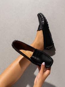 Women Penny Loafers Slip-On Moccasin Toe Dressy Casual Business Office Wear Comfortable Faux Leather Driving Loafers Shoes - màu đen - Xem 2