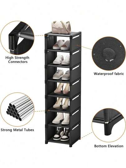 8 Tiers Narrow Shoe Rack Vertical Shelf Stable Organizer Space Saving Storage Cabinet Sturdy Easy DIY Non-Woven Fabric Metal Freestanding Shelves For Closet Entryway Hallway Bedroom