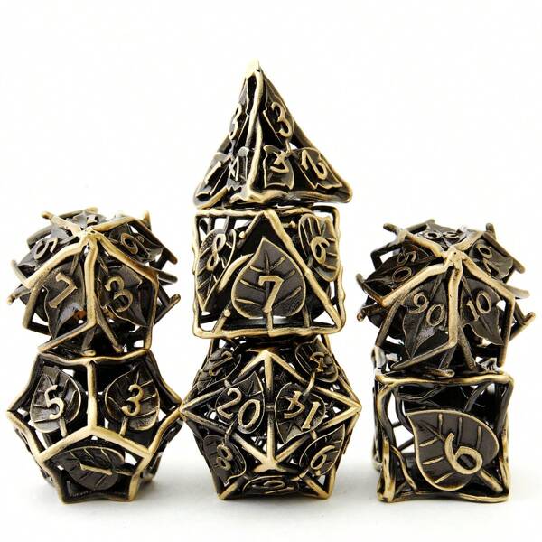 Set de 7 dados poliédricos vintage con forma de hoja, hueco, color bronce antiguo, regalo asombroso para amantes de los juegos de mesa de D&D