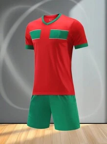 Customizable Morocco-Inspired Men's Football Kit - Personalized Jersey And Shorts Set, Home Design Style".Customizable Logo, Number, And Text Content - Red - View 5