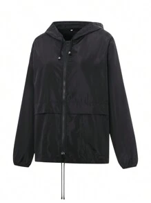 Women Autumn Water Resistant Hooded Jacket Solid Color Zipper Open Front Drawstring Coat Spring Fall Outerwears Streetwear - Black - View 8