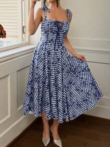 Robe mi-longue à lacets avec imprimé géométrique et carreaux pour femmes - Bleu et Blanc - Voir 4