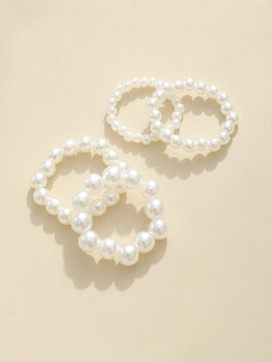 4pcs/Set Girls' Pearl Beaded Ring Set - White - View 1