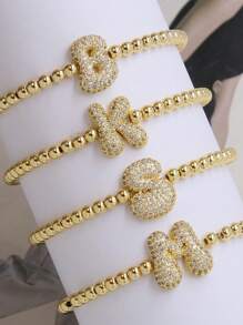 经典时尚锆石字母吊坠可调节链条手链，奢华A-Z字母手链，女士珠宝礼品 - 金色 - 查看 4