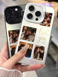 1 pieza Funda de teléfono personalizada "Te amo" con impresión de 4 fotos, resistente a golpes y de piel respetuosa con el color, compatible con iPhone 16 Pro Max/16 Plus/16 Pro, Galaxy S25/S25 Ultra/S25 Plus, etc.
