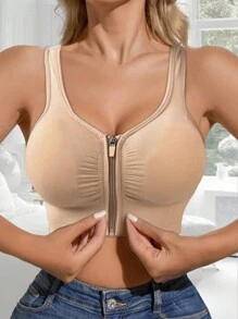 女士内衣运动文胸紧身裤露脐上衣瑜伽背心前拉链运动吊带背心防震健身房健身运动跑步瑜伽健身内衣聚拢文胸女士运动文胸春季 - 杏色 - 查看 5