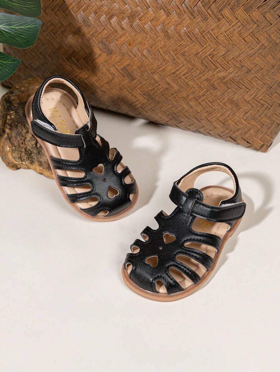 女童镂空设计平底凉鞋，时尚公主沙滩凉鞋 - 黑色 - 查看 1