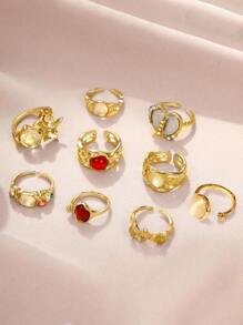 9Pcs Y2K Crystal Rings Kpop Heart Adjustable Ring Asymmetric Geometry Punk Vintage Rings Set For Women Girls New Fashion Jewelry