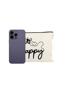 Make-uptas met opdruk van de letters "Happy" en een klein bijenpatroon - lichtgewicht en geurloze reistas van polyester, geschikt voor natuurliefhebbers en vrouwen, leuke multifunctionele canvas tas in cartoonstijl, perfect cadeau voor tieners, verjaardags- en reisaccessoires, vakantiecadeaus, boho-sfeer, voor strandvakanties, badkamercollectie, slaapkamercollectie, grote capaciteit