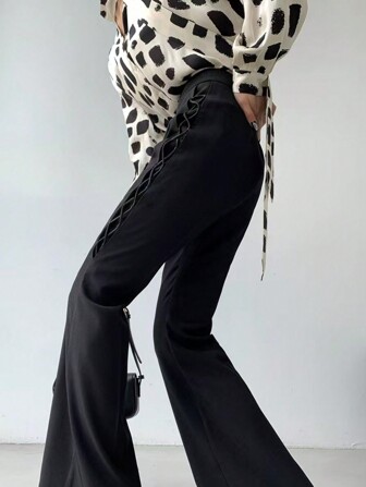 Luckyone 女士高腰阔腿裤，交叉侧带，宽松喇叭休闲长裤