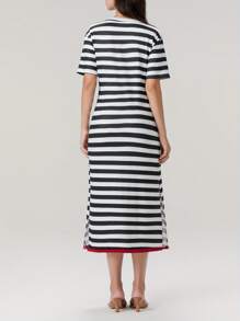 Women's T-Shirt Dress Loose Fitting V Neck Short Sleeve Side Split Striped Long Dress For Summer - Black - View 10