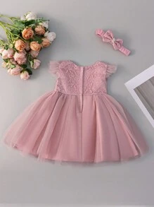 Baby Girl Elegant Pink Lace Contrast Mesh Party Dress, Suitable For 1 Month, 1 Year Old Birthday, Special Occasion - Dusty Pink - View 2