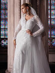 QOQ 浪漫白色蕾丝网布拼接长袖女式婚纱（带头纱）