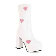 Women's High Heels Platform Mid Calf Boots Side Zip Sweet Heart Cool Punk Bootie - White & Pink - 查看 3