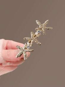 1pc Elegant & Fashionable Hair Clip, Minimalist Starfish & Pearl Design, Suitable For Daily Use - Gold - View 3