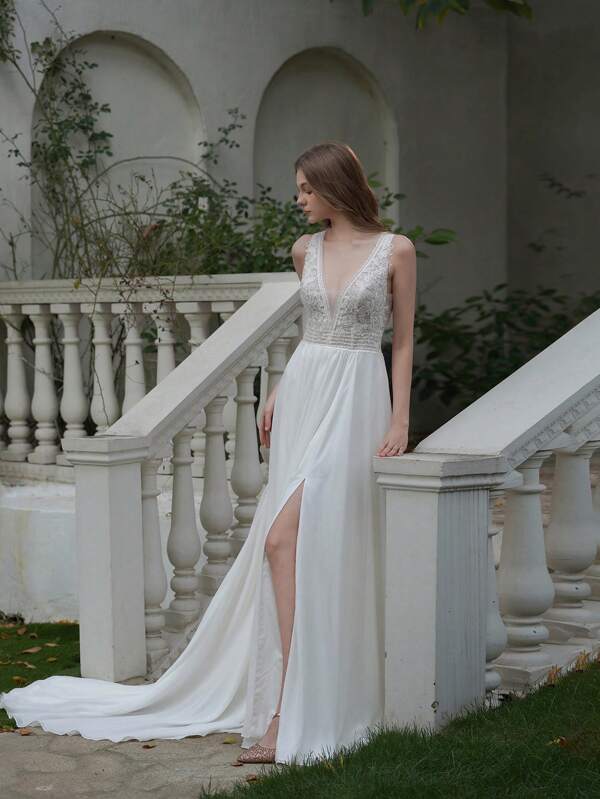 ANGELAG Vestido de noiva elegante sem mangas com decote em V profundo e renda contrastante para mulheres