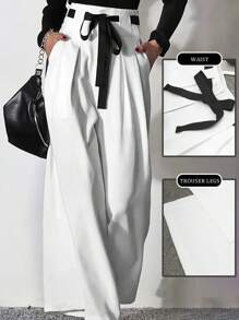 Pantalones anchos elegantes y versátiles de mujer, de unicolor, plisados, con encaje contrastante y cordones, de estilo casual y elegante